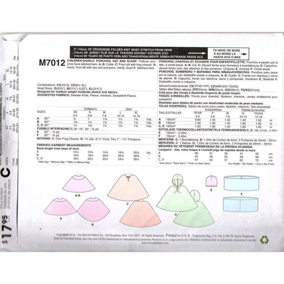 McCall's M7012 Girls XS to Small Poncho, Hat and Scarf Pattern New - Picture 2 of 2